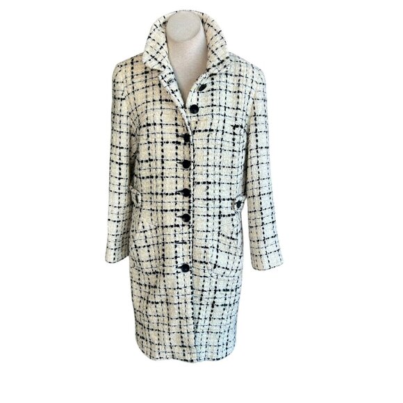 Marvin Richards Vintage Cream and Black Windowpane Plaid Tweed Coat Size 10 - Picture 2 of 12